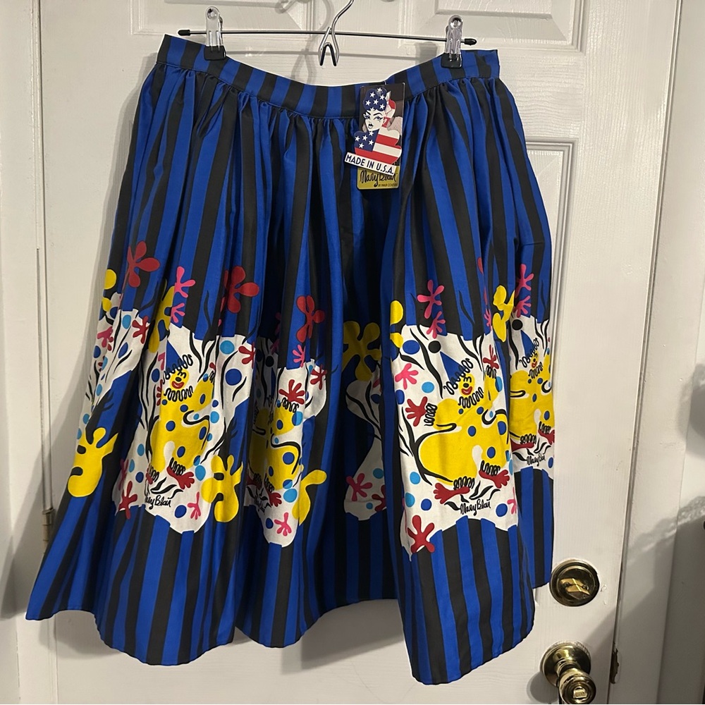 Pinup Couture Blue Black Striped Skirt with Yellow White and Pink Floral Accents